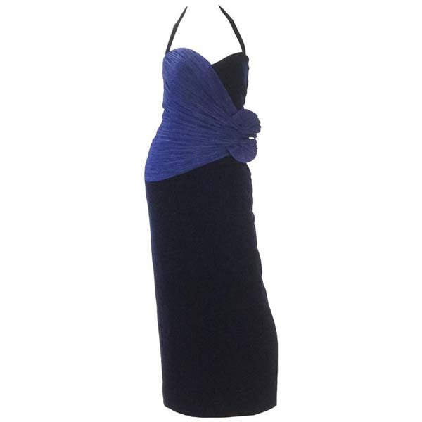 1980s Murray Arbeid Signature Blue Taffeta & Black Velvet Evening Gown 1980s Murray Arbeid Signature Blue Taffeta & Black Velvet Evening Gown