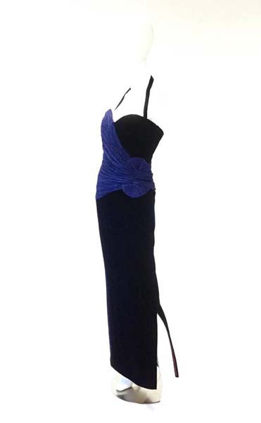 1980s Murray Arbeid Signature Blue Taffeta & Black Velvet Evening Gown 1980s Murray Arbeid Signature Blue Taffeta & Black Velvet Evening Gown