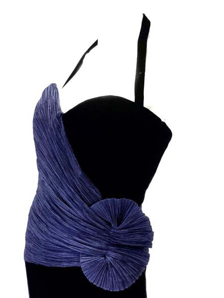 1980s Murray Arbeid Signature Blue Taffeta & Black Velvet Evening Gown
