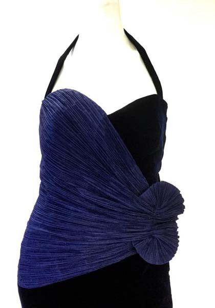 1980s Murray Arbeid Signature Blue Taffeta & Black Velvet Evening Gown 1980s Murray Arbeid Signature Blue Taffeta & Black Velvet Evening Gown