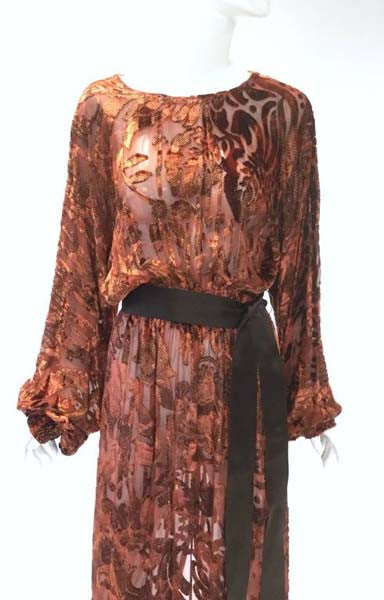 1970's Vintage Burnt Golden Brown Silk Burn Out Velvet Long dress