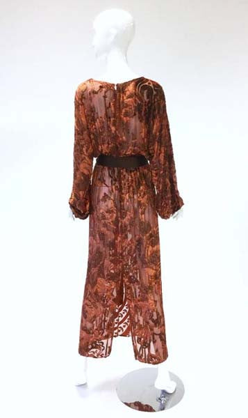 1970's Vintage Burnt Golden Brown Silk Burn Out Velvet Long dress