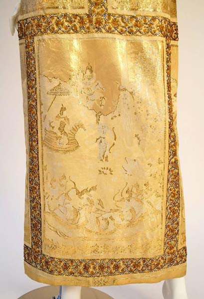 Unique 1960's Asian Print Gold Lame Brocade Gown