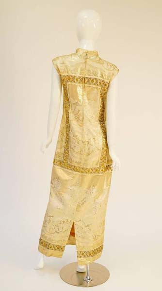 Unique 1960's Asian Print Gold Lame Brocade Gown