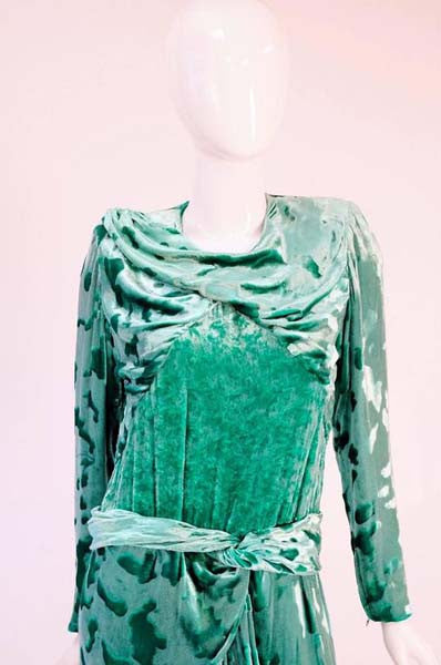Vintage Galanos Green Crushed Velvet Evening Dress