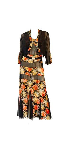 1920's Museum Piece Silk and Sheer Panel Floral Fluted Dress