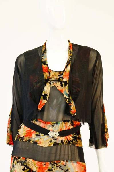 1920's Museum Piece Silk and Sheer Panel Floral Fluted Dress
