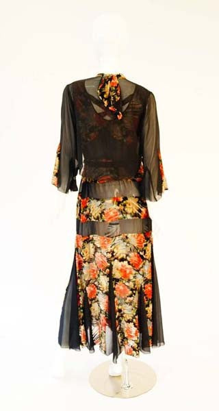 chiffon dress 1920s 1920's Museum Piece Silk and Sheer Panel Floral Fluted Dress