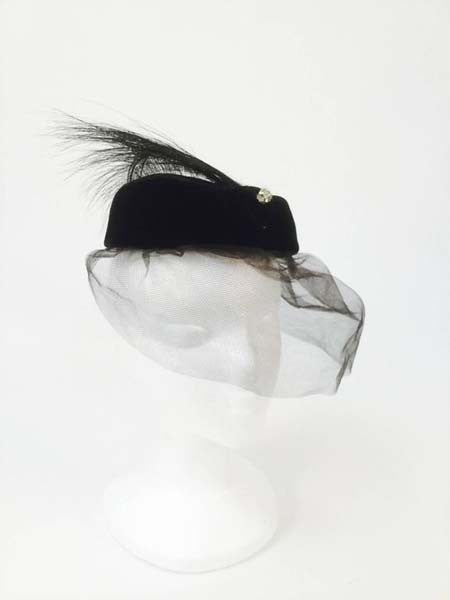 1950s Miss Sally Victor Black Velvet Rhinestone Feather Pillbox Hat