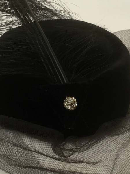 1950s Miss Sally Victor Black Velvet Rhinestone Feather Pillbox Hat