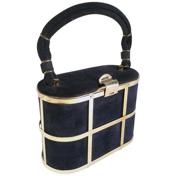 1960s Handbag Navy Blue Suede and Gold Cage Box Purse - MRS Couture