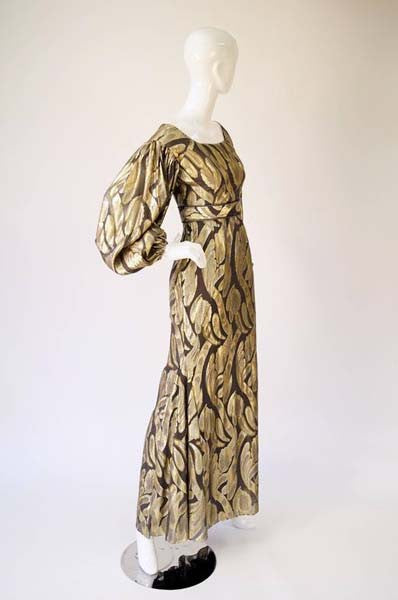 Vintage Chocolate Brown and Gold Abstract Floral Evening Dress