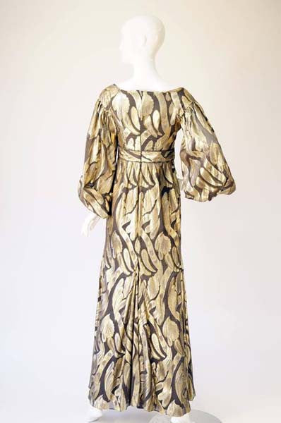 Vintage Chocolate Brown and Gold Abstract Floral Evening Dress
