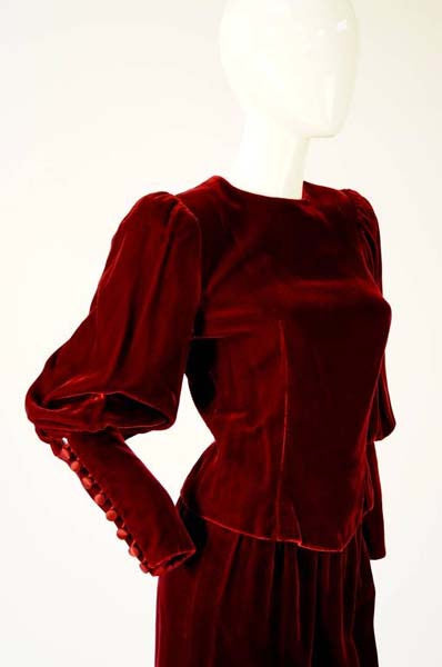 Early 1990s Red Wine Velvet Skirt Set With Dramatic Sleeves