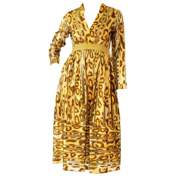 1970s Gold Leopard Print and Stripes Dress