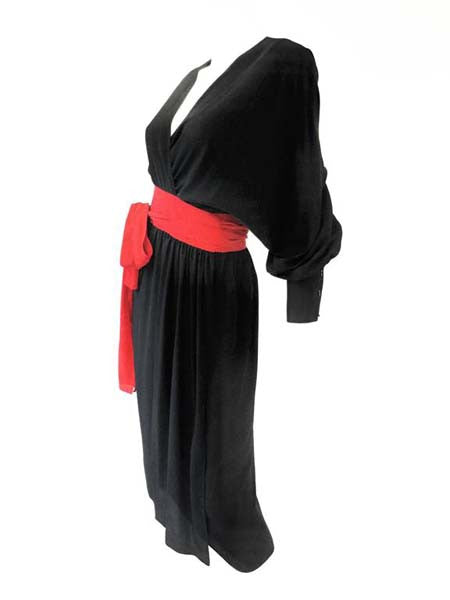 1970s Adele Simpson Black and Red Wrap Dress