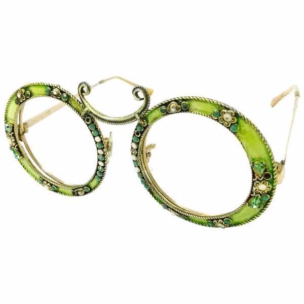 1960s Christian Dior Gold Filled Green Enamel Round Eye Sunglasses Frame