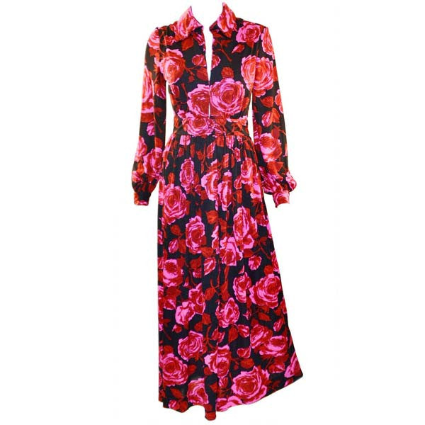 1970s Sakowitz Vibrant Red and Pink Maxi Dress