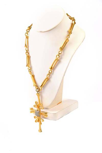 1960s Lawrence Vrba for Castlecliff Gold Box Nail Aztec/Cross & Chain Necklace