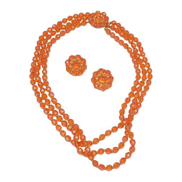 1960s Hattie Carnegie Tangerine Glass Bead Necklace and Earrings