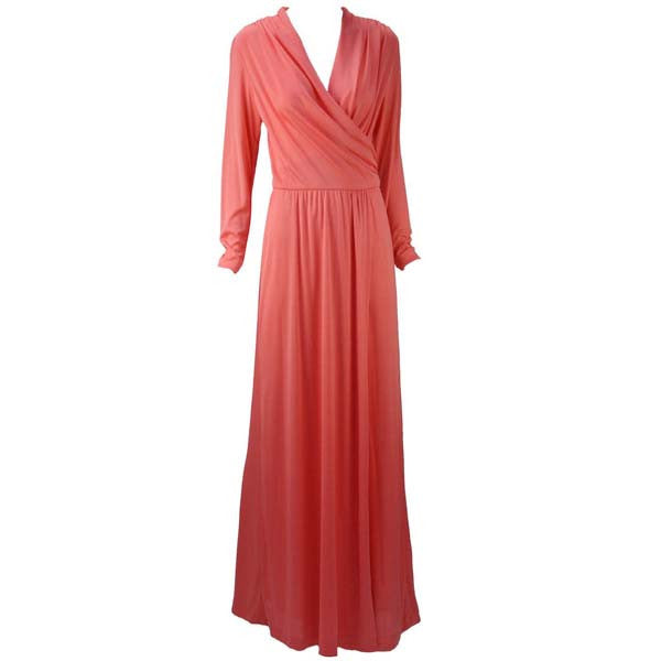 1970s Joy Stevens Coral Pink Maxi Dress