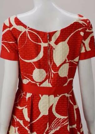 1970s Mollie Parnis Red and Bone Print Cotton Dress