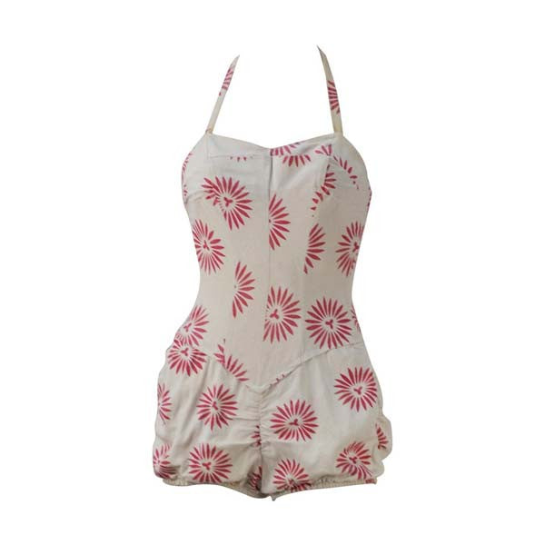 1950s Rose Marie Reid Bloomer Cream and Pink Swimsuit