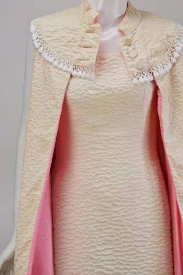 1960s Mr. Blackwell Ivory Textured Dress with Pink Lined Cape