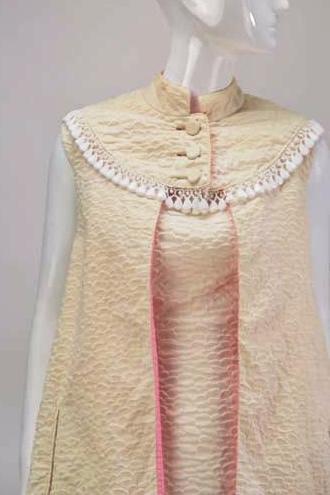 1960s Mr. Blackwell Ivory Textured Dress with Pink Lined Cape