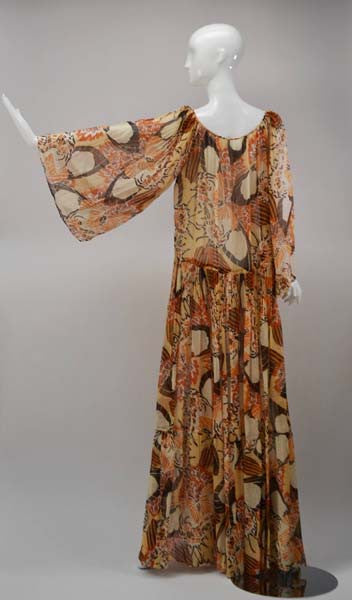 1970s Richilene Chiffon Floral Print Maxi Dress
