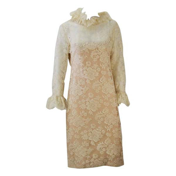 1960s Bill Blass for Maurice Rentner Ivory Chantilly Lace Ruffle Dress