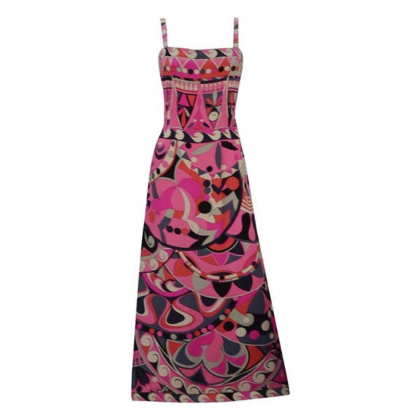 pucci long dress 1960s Emilio Pucci Silk Jersey Multi Color Maxi Dress