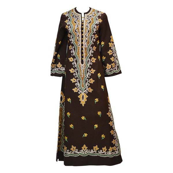 1970s Chestnut Brown Embroidered Kaftan