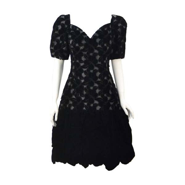 1990s Scaasi Black Laser Cut Floral Print Cocktail Dress