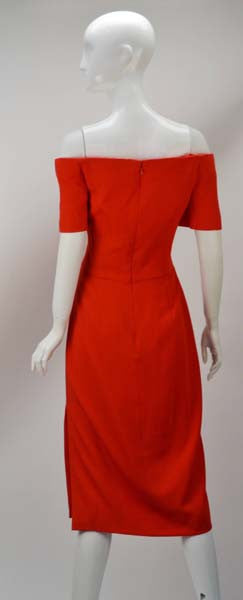1980s Scaasi Classic Red Off Shoulder Day to Night Dress