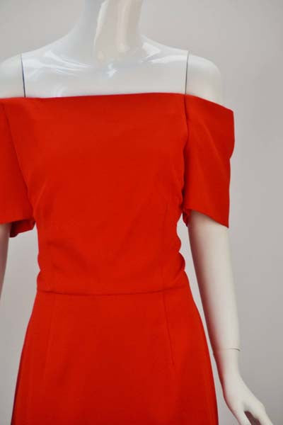 1980s Scaasi Classic Red Off Shoulder Day to Night Dress