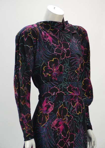 1980s Pauline Trigere Floral Print Dress