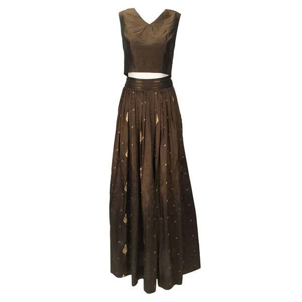 1970s Custom Coffee Brown Silk and Gold Leaf Motif Ensemble