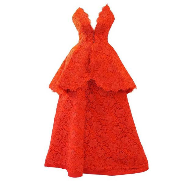 Nina Ricci Couture Red Corded Lace Evening Ensemble