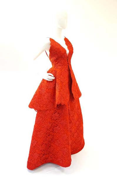 Nina Ricci Couture Red Corded Lace Evening Ensemble