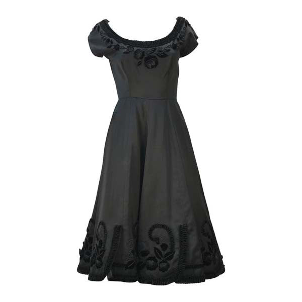 1950s Black Satin Party Dress with Velvet Trim and Floral Detail - MRS Couture 1950s Black Satin Party Dress with Velvet Trim and Floral Detail - MRS Couture