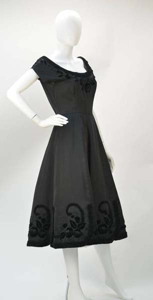 1950s Black Satin Party Dress with Velvet Trim and Floral Detail - MRS Couture 1950s Black Satin Party Dress with Velvet Trim and Floral Detail - MRS Couture