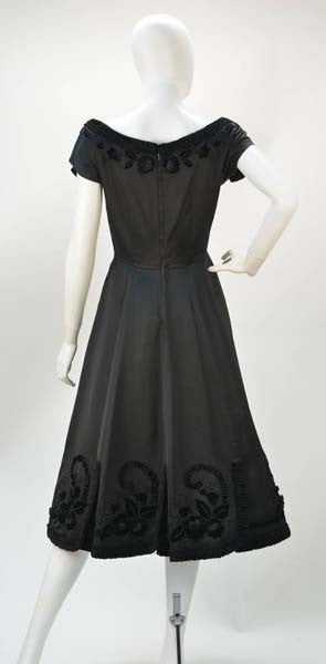 1950s Black Satin Party Dress with Velvet Trim and Floral Detail - MRS Couture 1950s Black Satin Party Dress with Velvet Trim and Floral Detail - MRS Couture