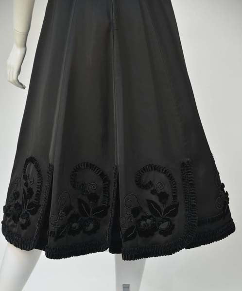 1950s Black Satin Party Dress with Velvet Trim and Floral Detail