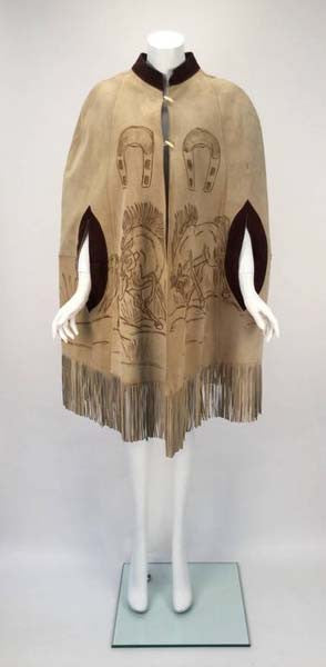 1970s Hand Drawn Suede Mexican Poncho