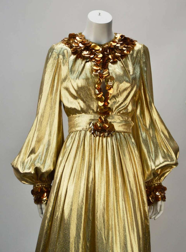 1960s Donald Brooks Gold Metallic Evening Dress with Sequin and Beaded Trim