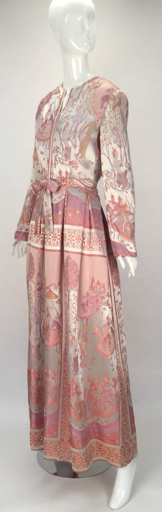 1960s Jon Mandl Silk Multicolored Asian Motif Evening Dress