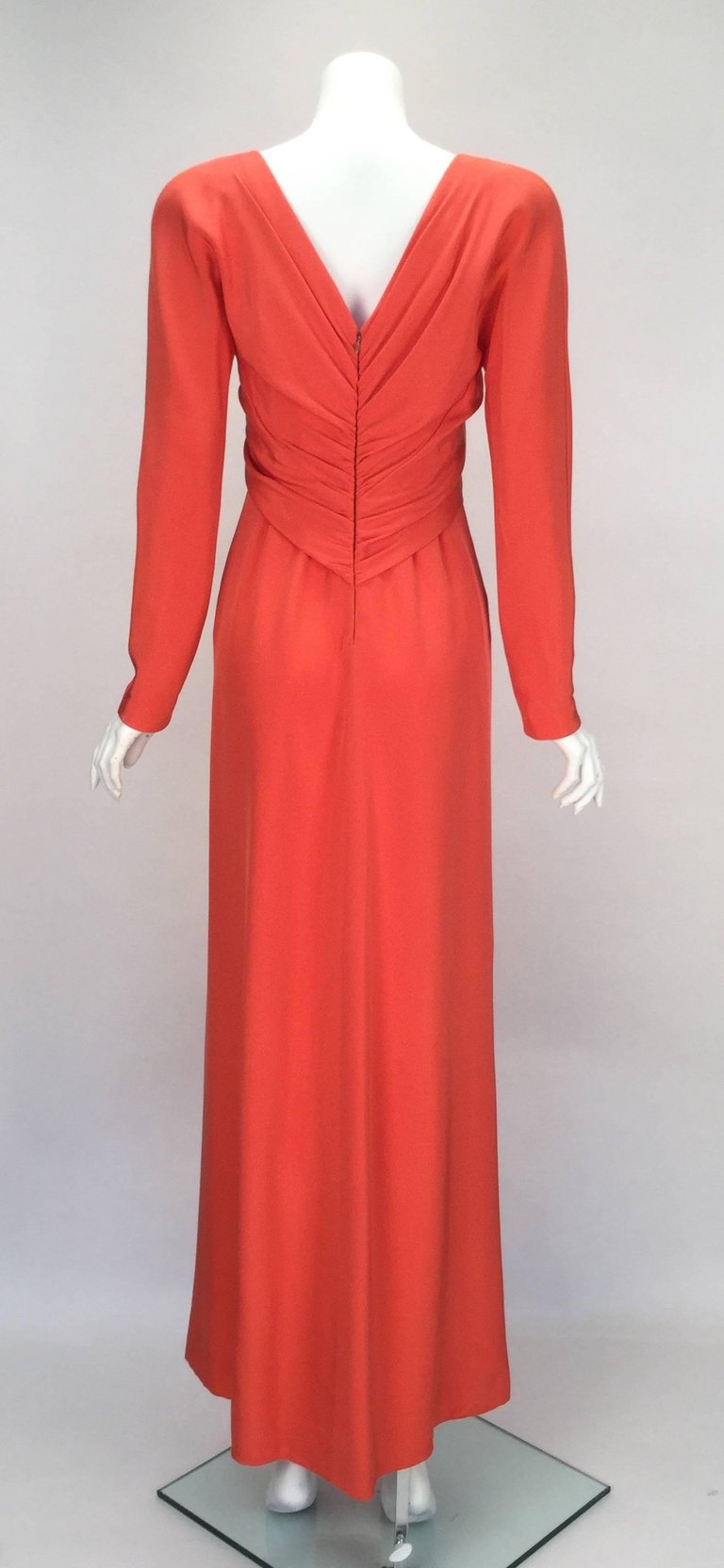1970s Halston Red Silk Long Sleeve Evening Dress MRS Couture