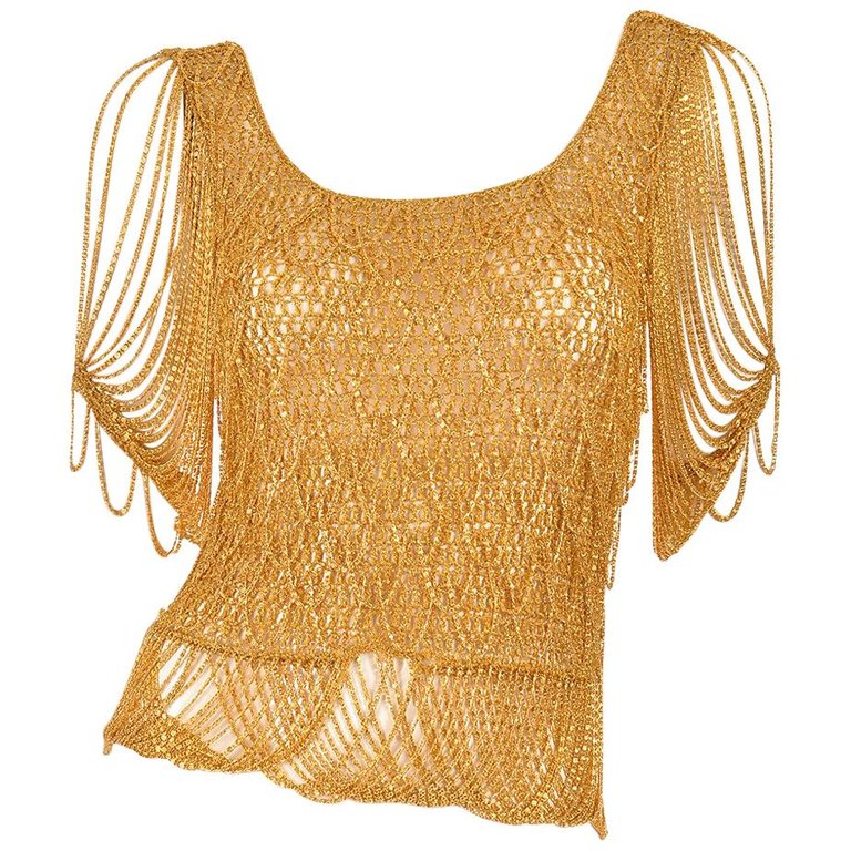 1970s Loris Azzaro Gold Beaded Knit Body Jewelry Sweater Blouse