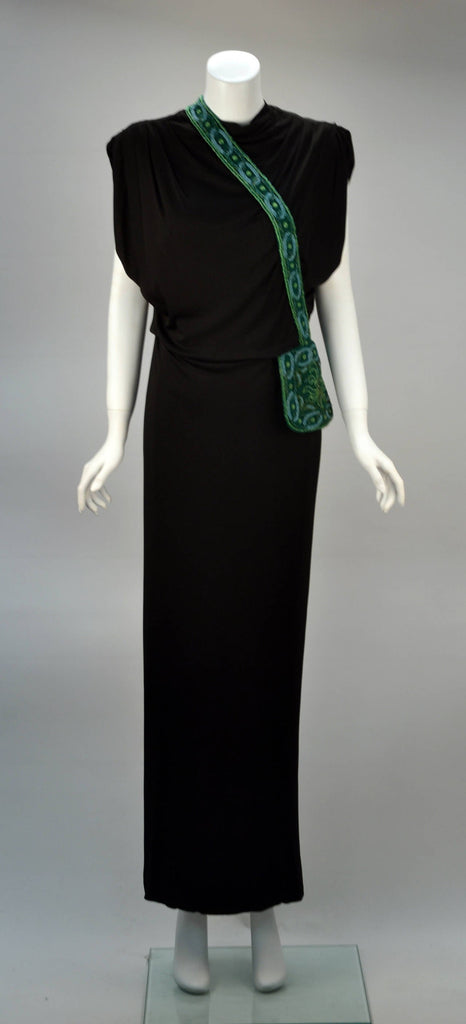 1940s Anita Modes Black Dress with Green Beaded and Appliquéd Purse